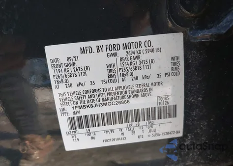 2021 Ford Explorer Timberline z USA, uszkodzony, nr VIN 1FMSK8JH3MGC26886